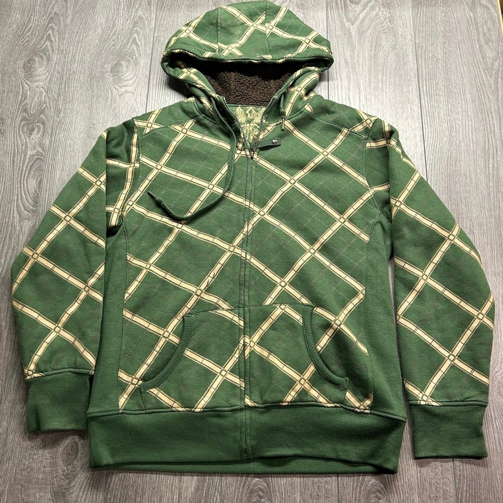 Death Valley Mens Green Plaid Sherpa Lined Full Zip Hoodie Y2K Thumbholes Medium